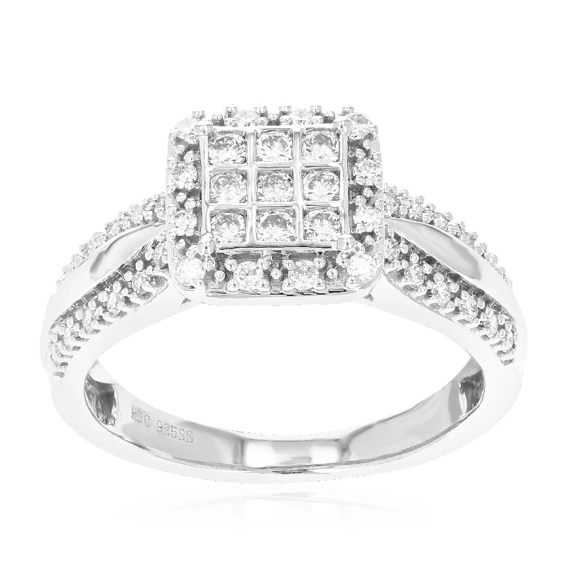 Flowing edge ring-1/2 cttw 45 Stones Round Cut Lab Grown Diamond Engagement Ring .925 Sterling Silver Prong Set