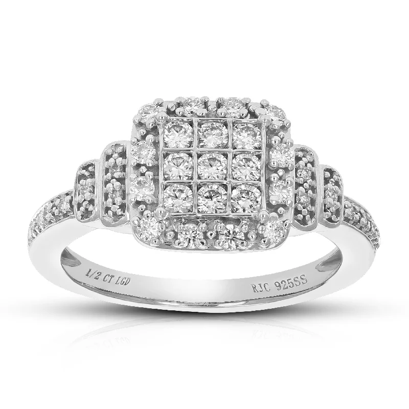 Multi-metal ring-1/2 cttw Round Cut Lab Grown Diamond Engagement Ring 35 Stones .925 Sterling Silver Prong Set