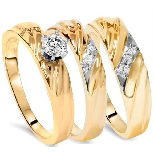 Twisted twig ring-1/3ct Diamond Engagement Trio Wedding Band Set 14K Yellow Gold