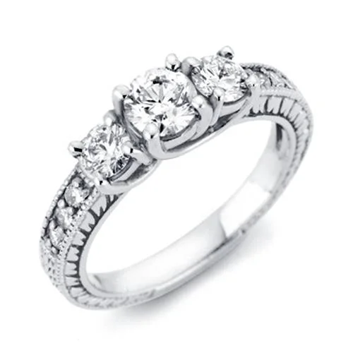 Silk weave ring-1/3ct Vintage Three Stone Round Diamond Engagement Ring 14K White Gold