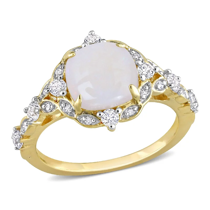 Steel toned ring-1 4/5 CT TGW Cushion Cut Opal and Diamond Accent Halo Vintage Design Ring in 10K Yellow Gold