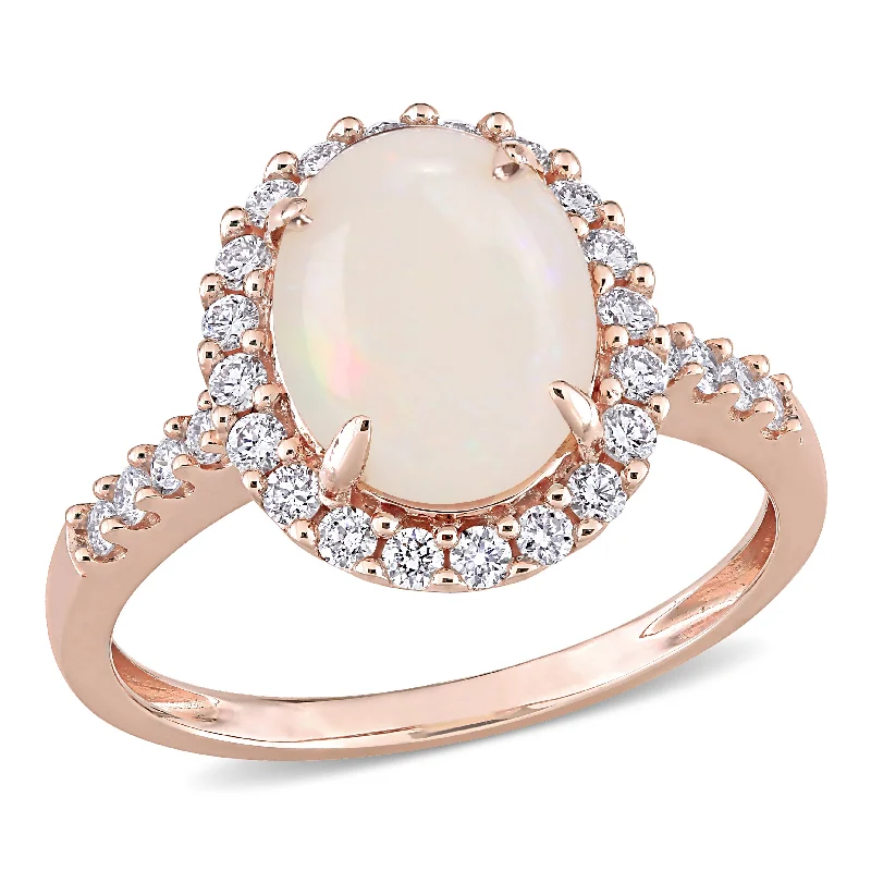 Cotton weave ring-1 5/8 CT TGW Opal and 2/5 CT TW Diamond Halo Ring in 14K Rose Gold