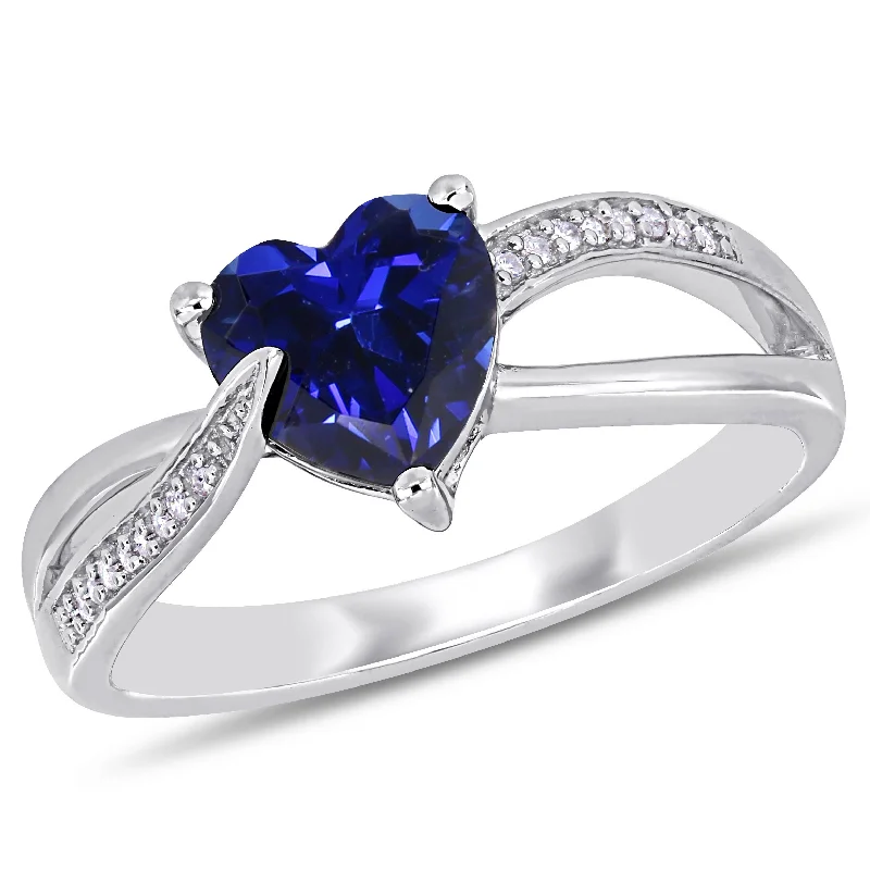 Turning gem ring-1 7/8 CT TGW Created Blue Sapphire and Diamond Heart Crossover Ring in Sterling Silver