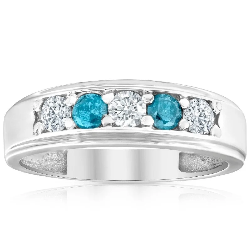 Jade vein ring-1 Ct T.W. Blue & White Diamond Mens Wedding Ring 5-Stone Anniversary White Gold