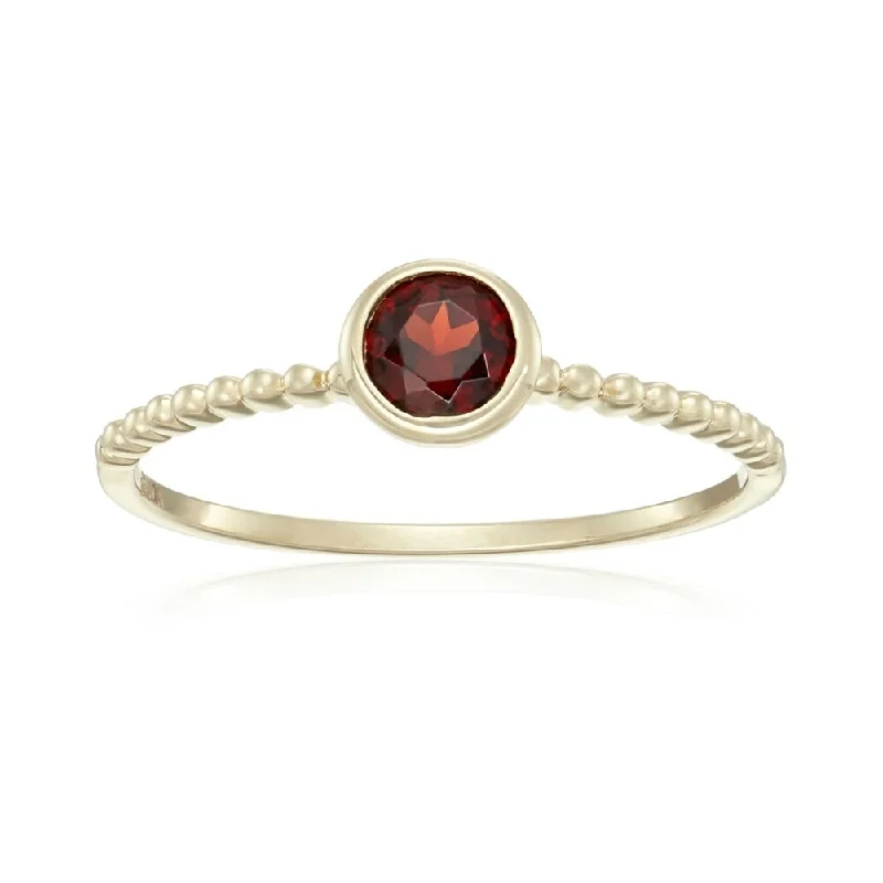 Edge gem ring-10k Yellow Gold Red Garnet Solitaire Beaded Shank Stackable Ring