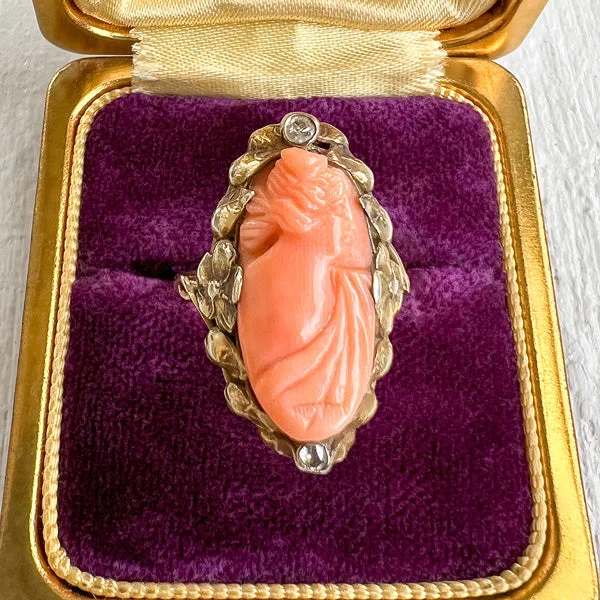 Offset gem ring-Victorian Coral Cameo & Diamond Ring