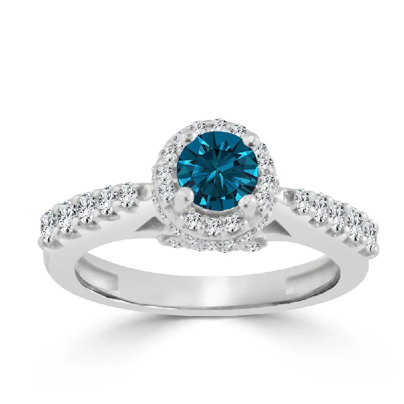 Inset groove ring-14k Gold 1ct TDW Round Blue Diamond Halo Engagement Ring by Auriya (H-I, I1-I2)