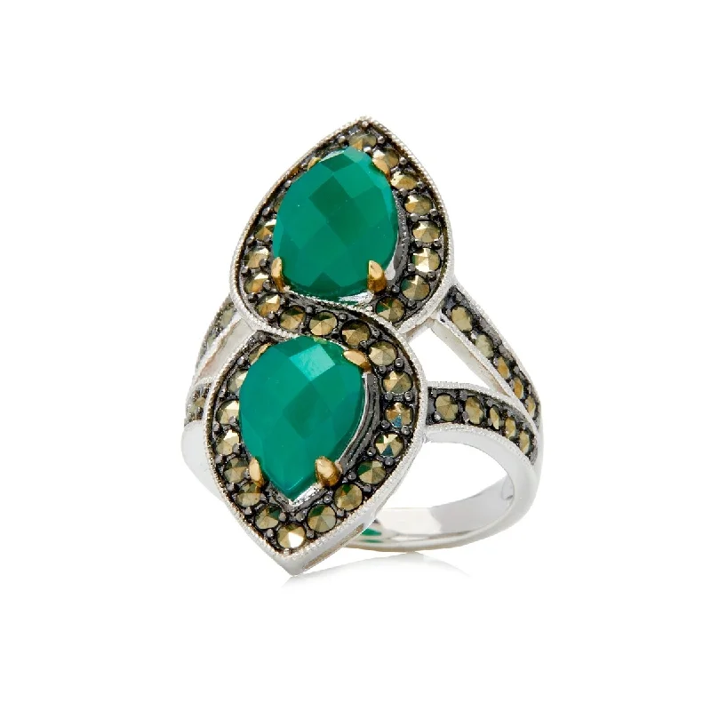 Cedar nut ring-14k Gold and Sterling Silver Green Agate and Marcasite Ring