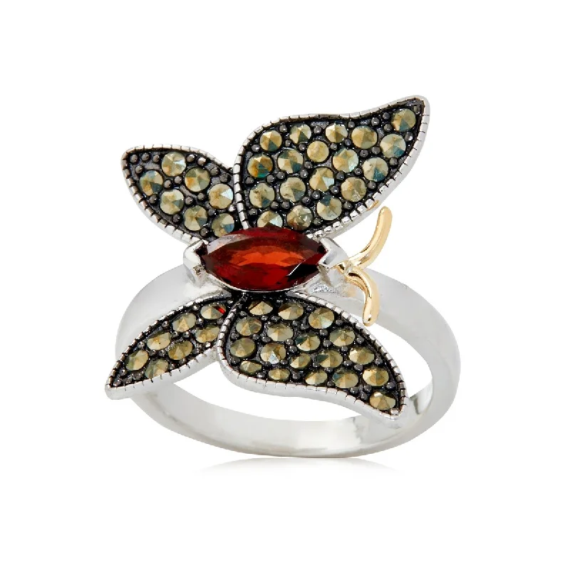 Willow wrap ring-14k Gold and Sterling Silver Red Garnet and Marcasite Ring