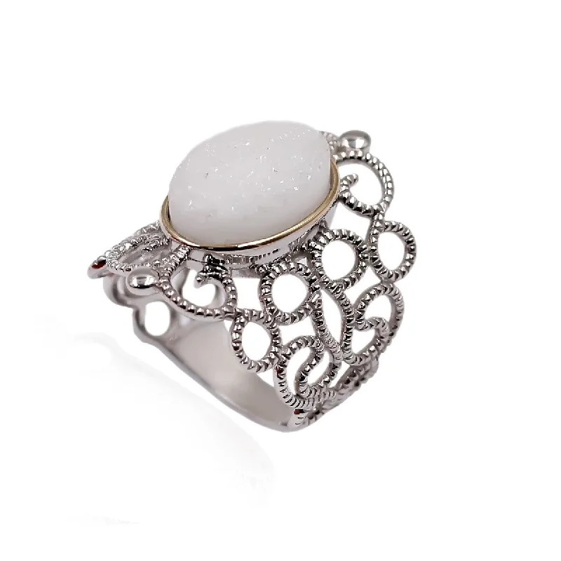 Ash sprig ring-14k Gold and Sterling Silver White Drusy Ring