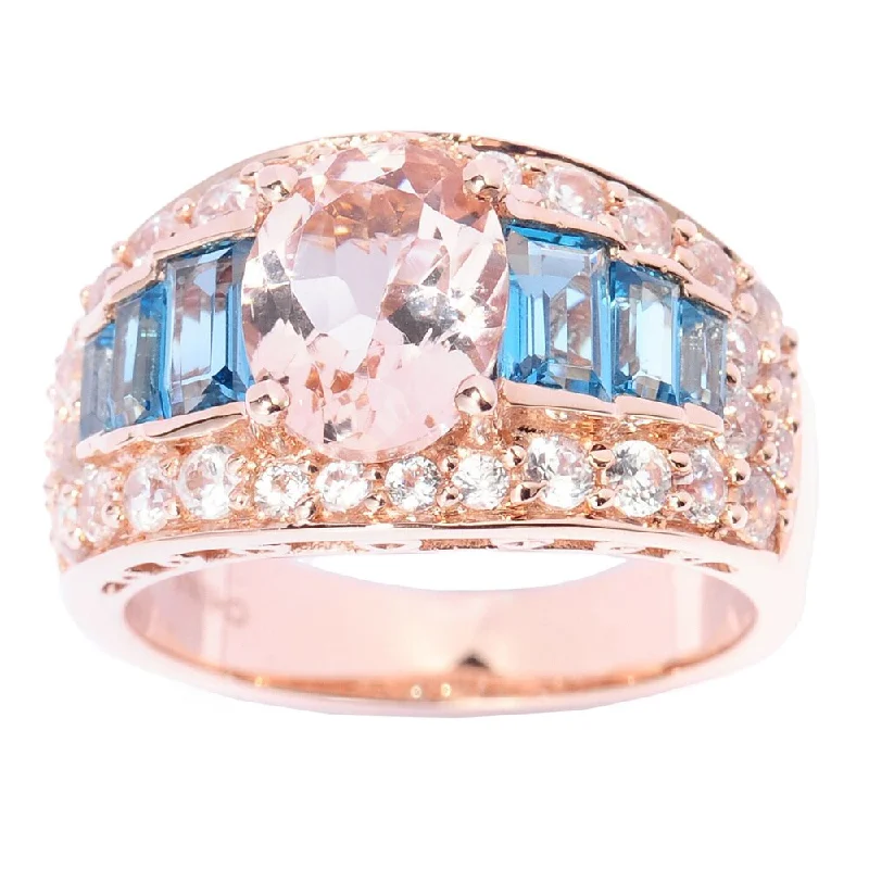 Ripple swirl ring-14k Rose Gold 3 7/8ct TGW Morganite, Blue Topaz and Cubic Zirconia Multi-level Ring