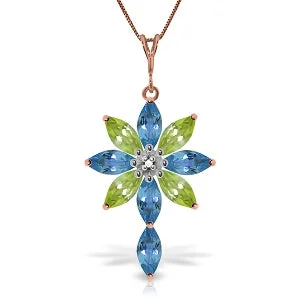 Scarlet ruby necklace-14K Solid Rose Gold Necklace w/ Diamond, Blue Topaz & Peridots