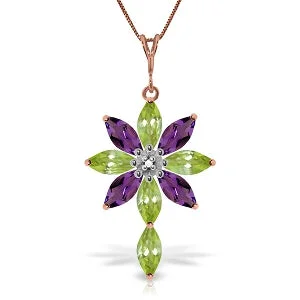 Violet bloom necklace-14K Solid Rose Gold Necklace w/ Diamond, Peridot & Amethyst