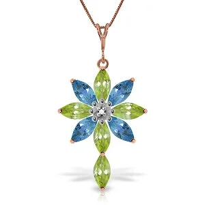 Baroque bend necklace-14K Solid Rose Gold Necklace w/ Diamond, Peridot & Blue Topaz