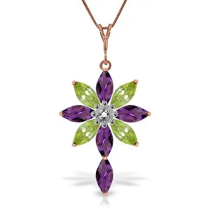 Nebula shine necklace-14K Solid Rose Gold Necklace w/ Diamond, Purple Amethyst & Peridot