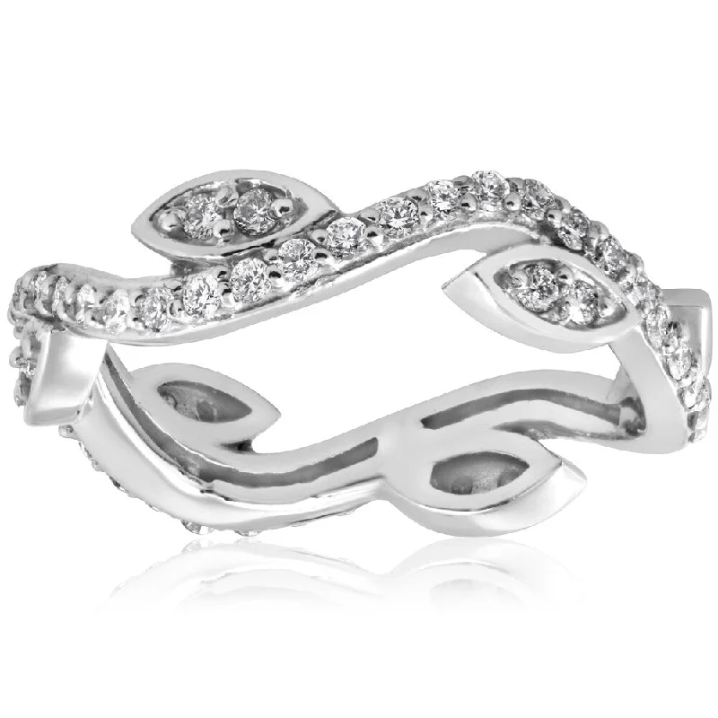 Grooved band ring-14K White Gold 1/2 ct TDW Diamond Vintage Vine Floral Leaf Petal Eternity Stackable Wedding Ring (I-J,I2-I3)