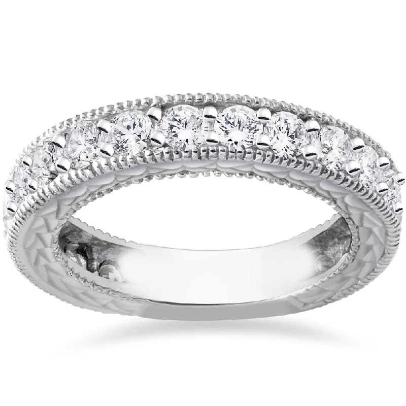 Streaked stone ring-14k White Gold 1 3/8ct TDW Diamond Vintage Hand Engraved Stackable Wedding Ring