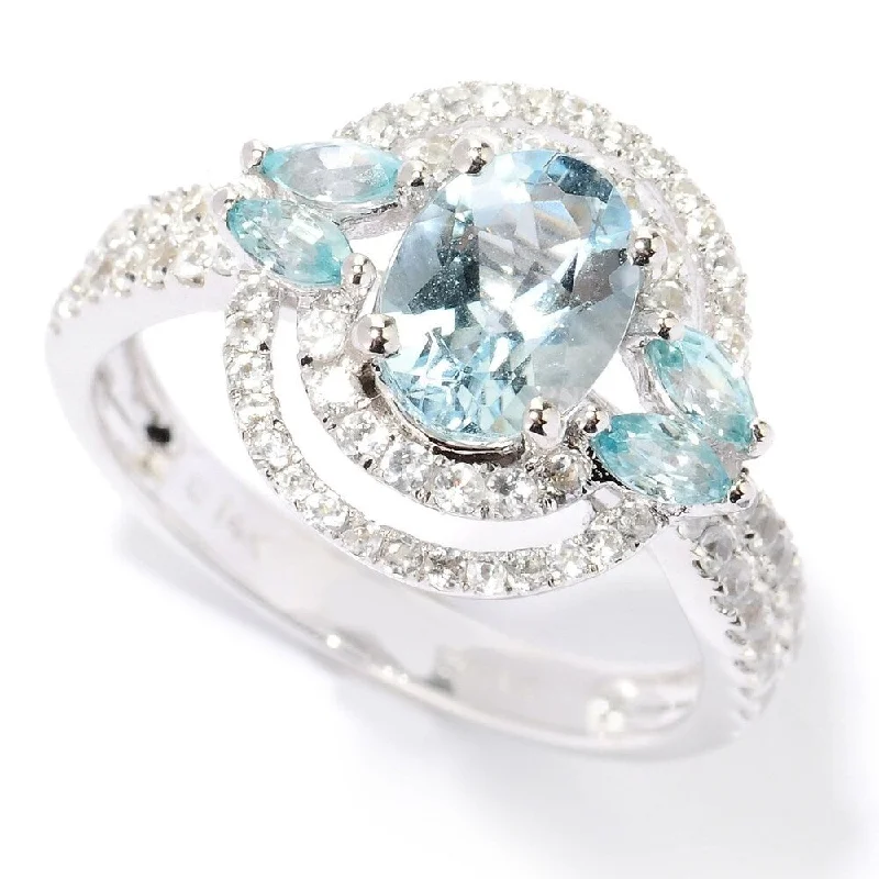 Tattered rim ring-14k White Gold Aquamarine, Blue Zircon and White Sapphire Ring