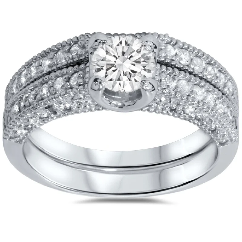 Tin alloy ring-14k White Gold Vintage 1 1/10ct Pave-set White Diamond Bridal Ring Set