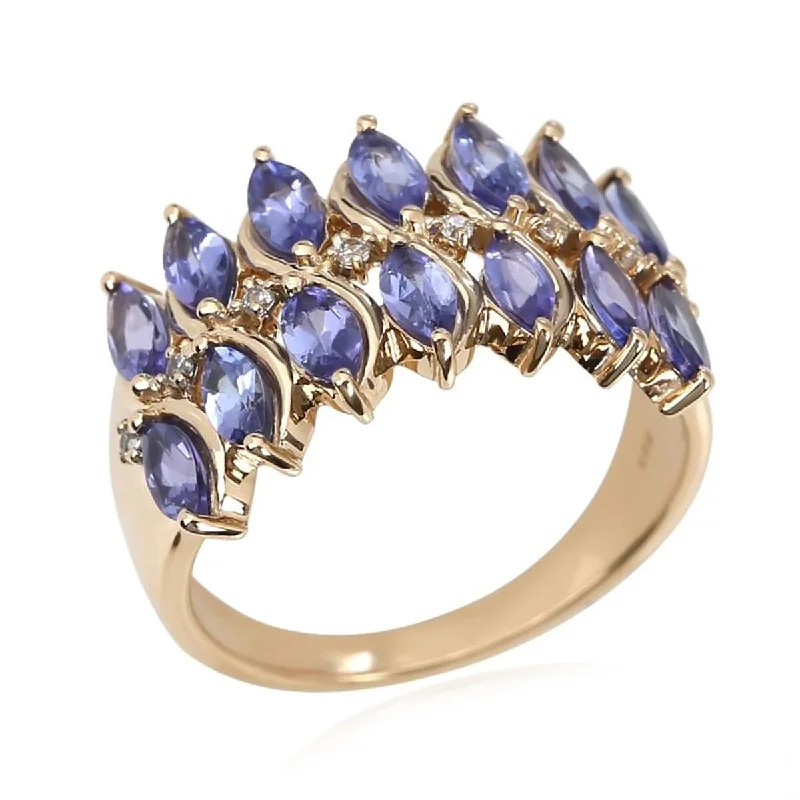 Plaid band ring-14Kt Yellow Gold Tanzanite and White Natural Zircon Ring