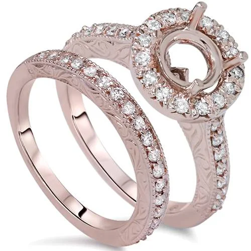 Poppy sprout ring-1ct Vintage Engagement Wedding Ring Semi Mount Set 14K Rose Gold