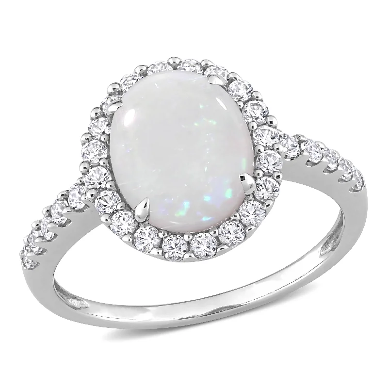 Flat bezel ring-2 1/4 CT TGW Halo Oval Opal and Created White Sapphire Ring in 10K White Gold