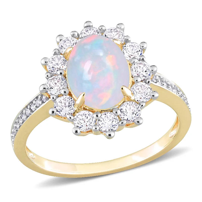 Zenith set ring-2 1/6 CT TGW Oval Shape Blue Ethiopian Opal and White Topaz and 1/10 CT TW Diamond  Halo Ring in Yellow Plated Sterling Silver