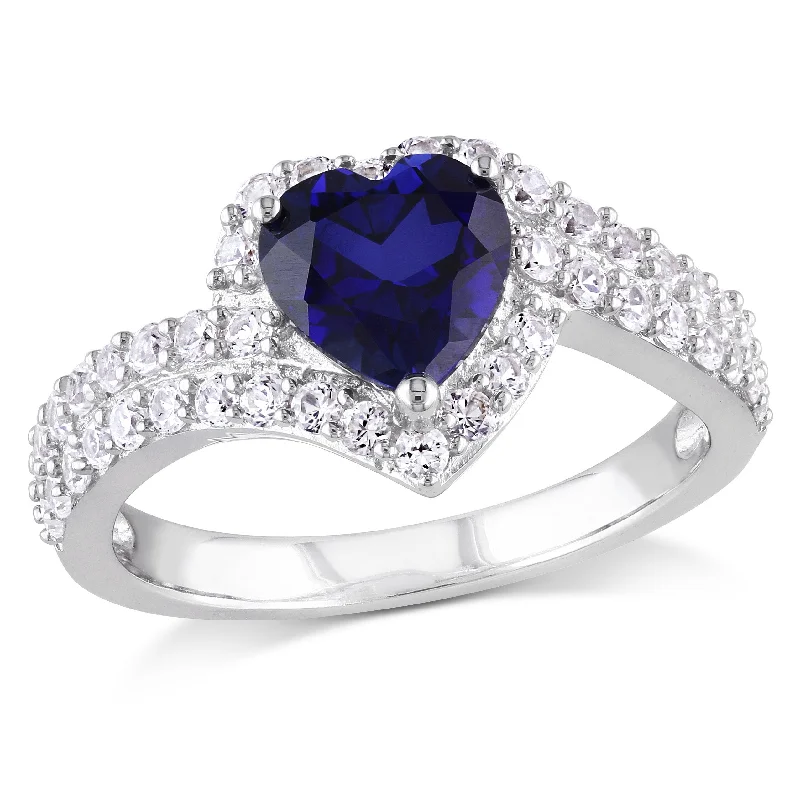 Braided weave ring-2 3/4 CT TGW Created Blue and Created White Sapphire Heart Halo Double Row Ring in Sterling Silver