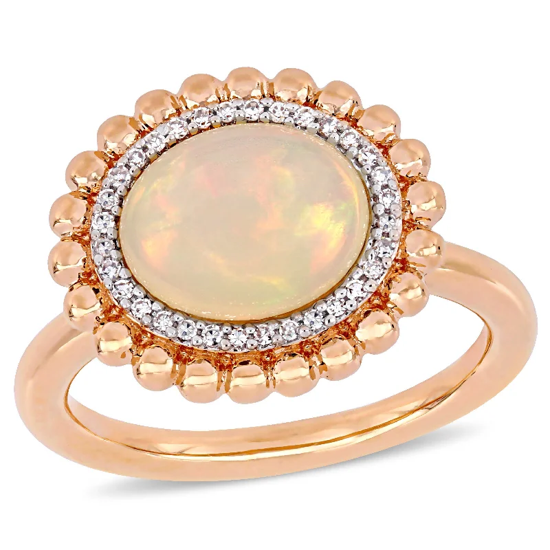 Chiseled cut ring-2 3/4 CT TGW Oval-Cut Ethiopian Blue-Hued Opal and 1/10 CT TW Diamond Halo Ring in 14K Rose Gold