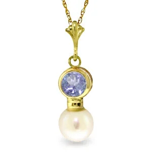 Crescent pendant necklace-2.48 Carat 14K Solid Yellow Gold Necklace Tanzanite Pearl