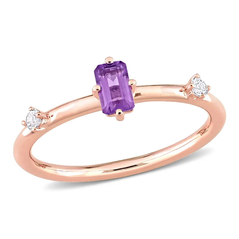 Locked band ring-2/5 CT TGW Emerald-Cut Amethyst and White Topaz Stackable Ring in 10k Rose Gold