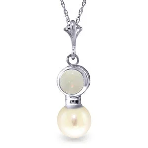 Paired gemstone necklace-2.59 Carat 14K Solid White Gold Necklace Natural Opal Pearl