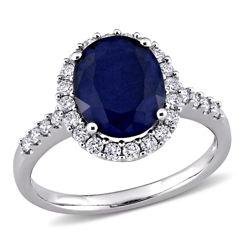 Daisy flower ring-3 1/2 CT TGW Oval Diffused Sapphire Halo Ring with 2/5 CT TW Diamonds in 14K White Gold