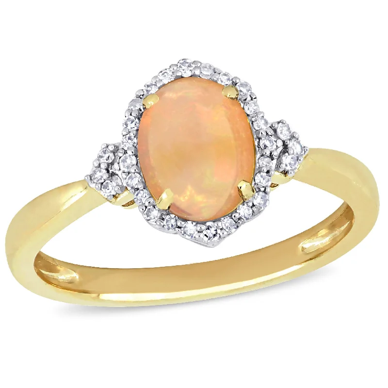 Ruffled edge ring-3/4 CT TGW Ethiopian Opal and Diamond Halo Ring in 10K Yellow Gold