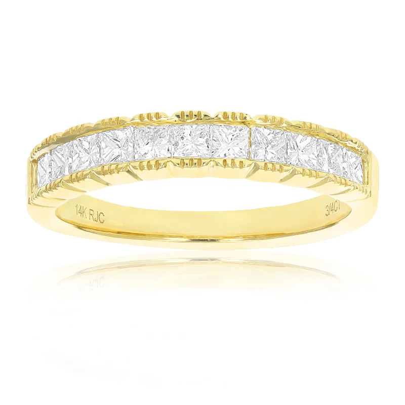 Snap hinge ring-3/4 cttw Princess Cut Diamond Wedding Band with Milgrain 14K Yellow Gold Channel