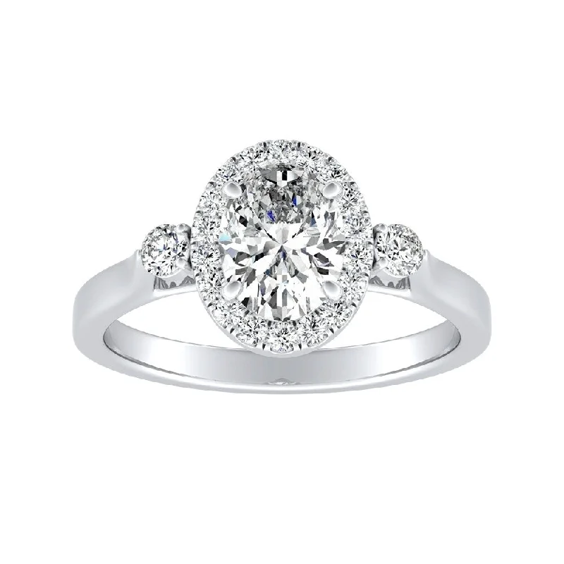 Rune mark ring-3-stone Halo Oval Diamond Engagement Ring 3/4ctw 14k Gold by Auriya (I-J, I1-I2)