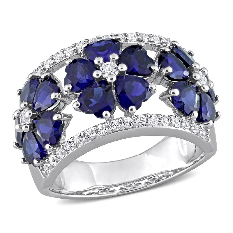 Chiseled cut ring-4 1/2 CT TGW Created Blue and Created White Sapphire Floral Ring in Sterling Silver