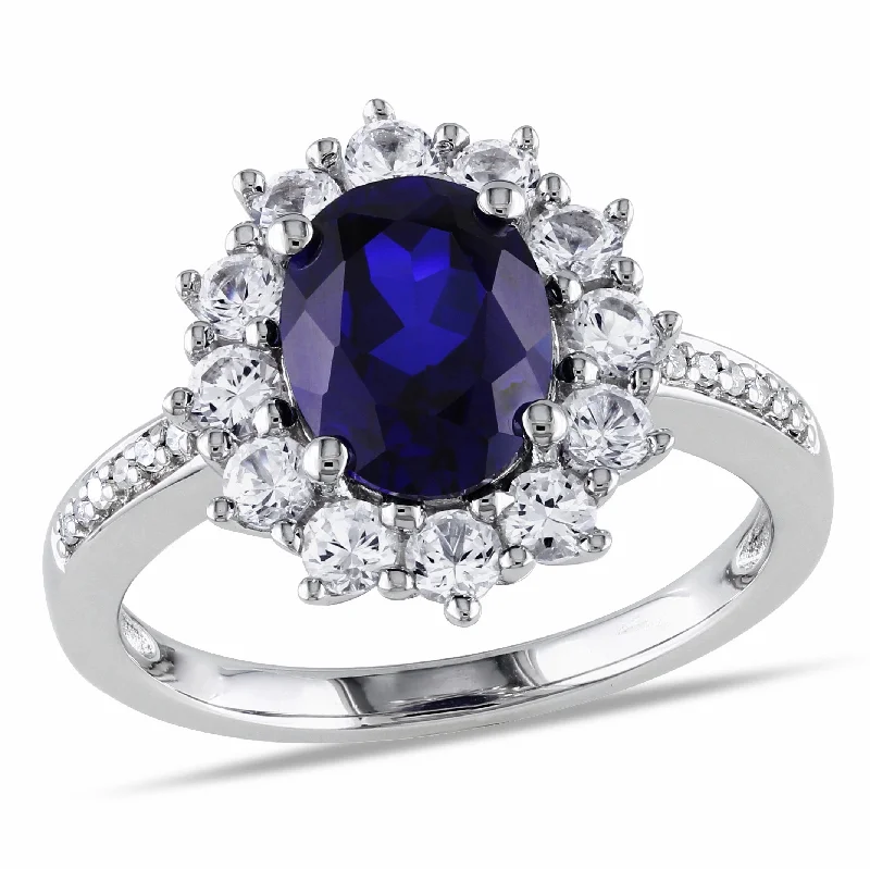 Wavy shank ring-4 CT TGW Created Blue and White Sapphire and 0.05 CT TW Diamond Halo Ring in Sterling Silver