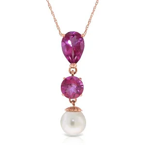 Knit chain necklace-5.25 Carat 14K Solid Rose Gold Necklace Pink Topaz Pearl