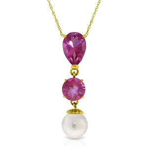 Radiant-cut sapphire necklace-5.25 Carat 14K Solid Yellow Gold Necklace Pink Topaz Pearl