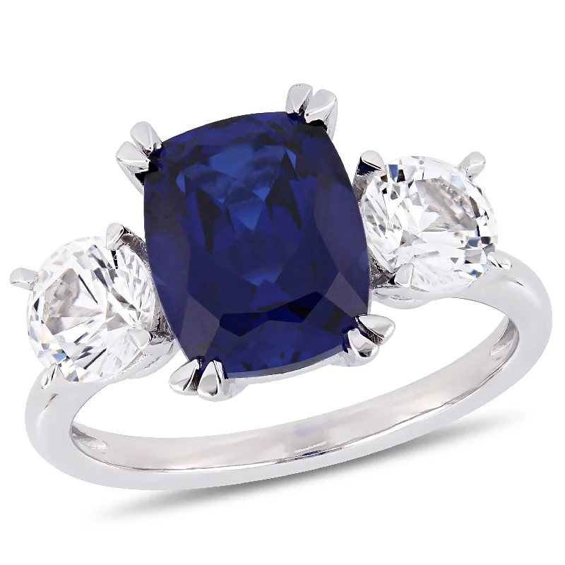 Jet black ring-6 1/10 CT TGW Cushion-Cut Created Blue and Created White Sapphire Three-Stone Ring in 10K White Gold