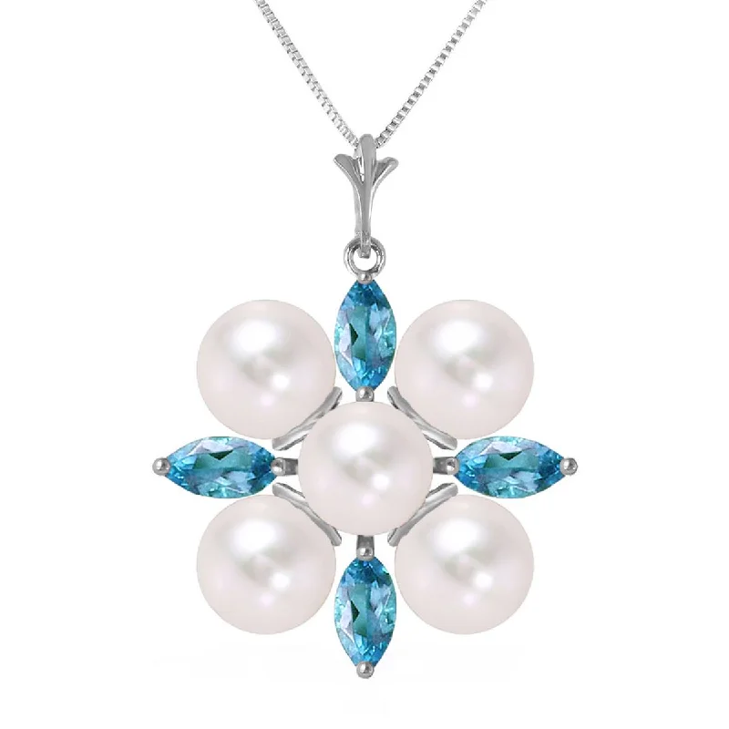 Fused grain necklace-6.3 Carat 14K Solid White Gold Peace Of Heaven Blue Topaz Pearl Necklace