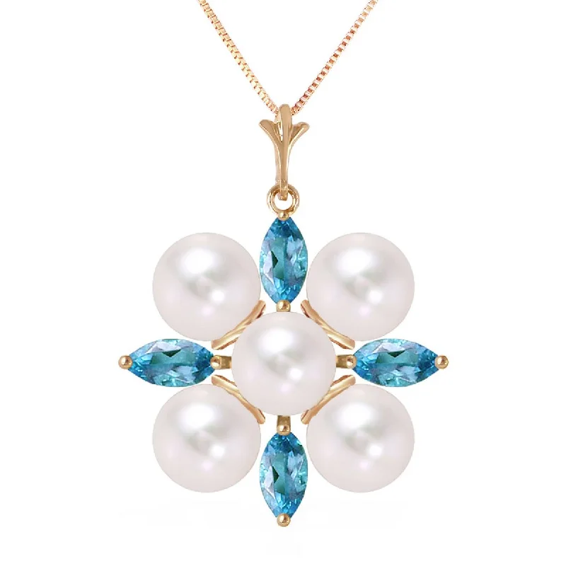 Milky haze necklace-6.3 Carat 14K Solid Yellow Gold Grinning Lover Blue Topaz Pearl Necklace