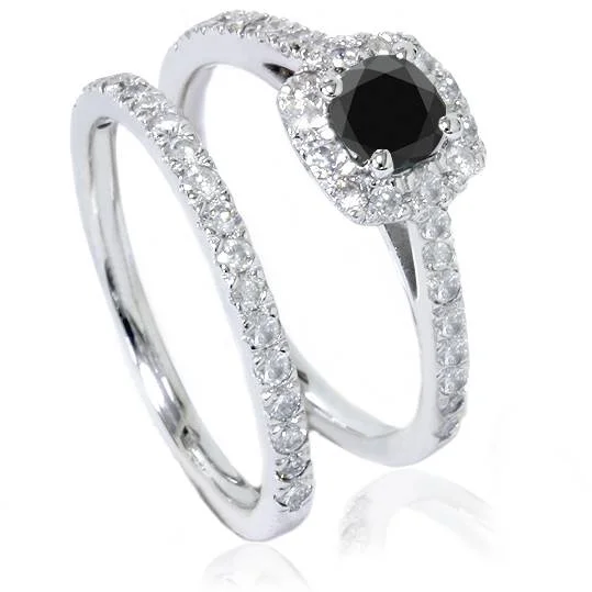 Vortex twist ring-7/8ct Cushion Halo Black Diamond Engagement Ring Set 14K White Gold