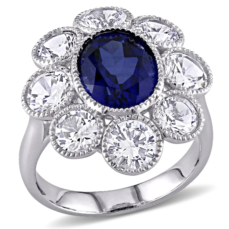 Flicker spark ring-8 3/5 CT TGW Created Blue and Created White Sapphire Floral Ring in 10K White Gold