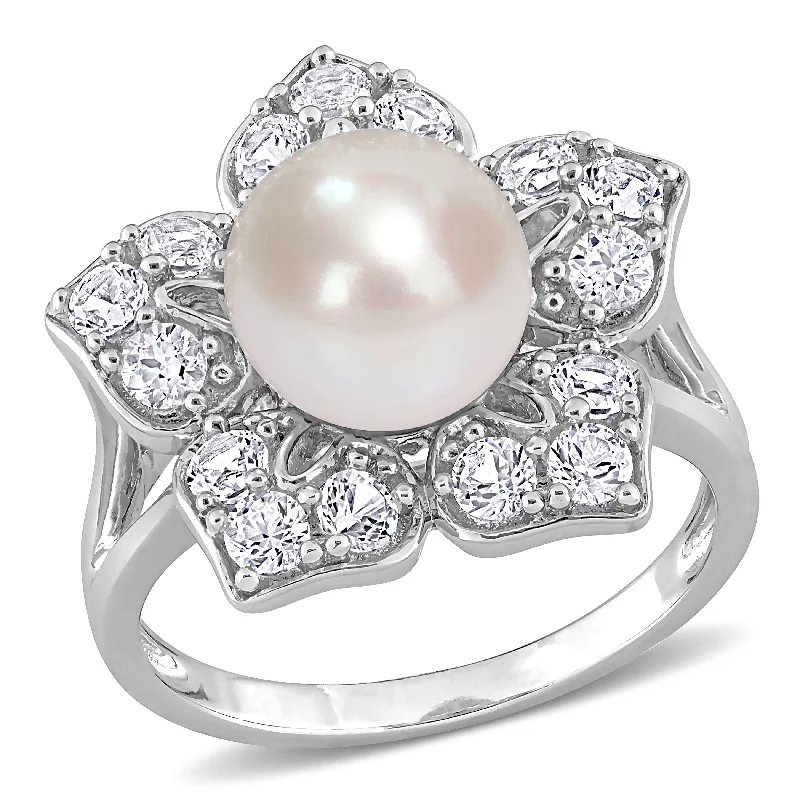 Pointed rim ring-8.5-9 MM Freshwater Cultured Pearl and 1 1/3 CT TGW Created White Sapphire Floral Pearl Ring in Sterling Silver