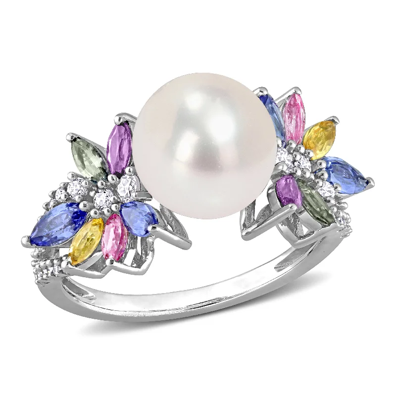 Twisted twig ring-9-9.5 MM Cultured Freshwater Pearl and 1 3/4 CT TGW Multi Sapphire (Light Blue, White, Yellow, Pink, Purple & Green) and 1/8 CT TW Diamond Flower Ring in 14k White Gold