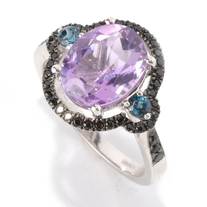 Muted check ring-925 Sterling Silver Black Spinel,African Amethyst,Swiss Blue Topaz Ring