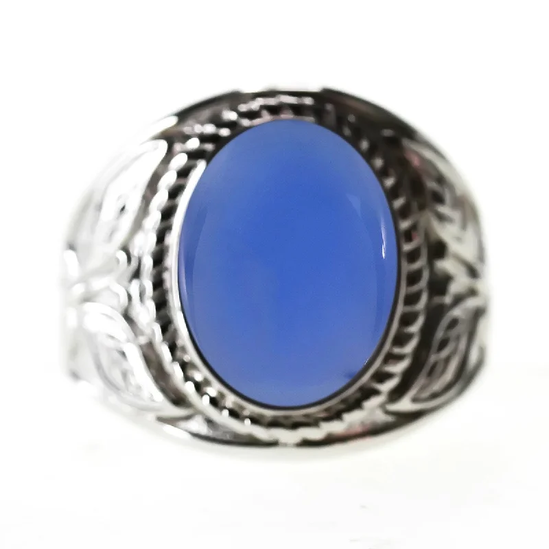 Steel toned ring-925 Sterling Silver Blue Chalcedony Gemstone Solitaire Ring