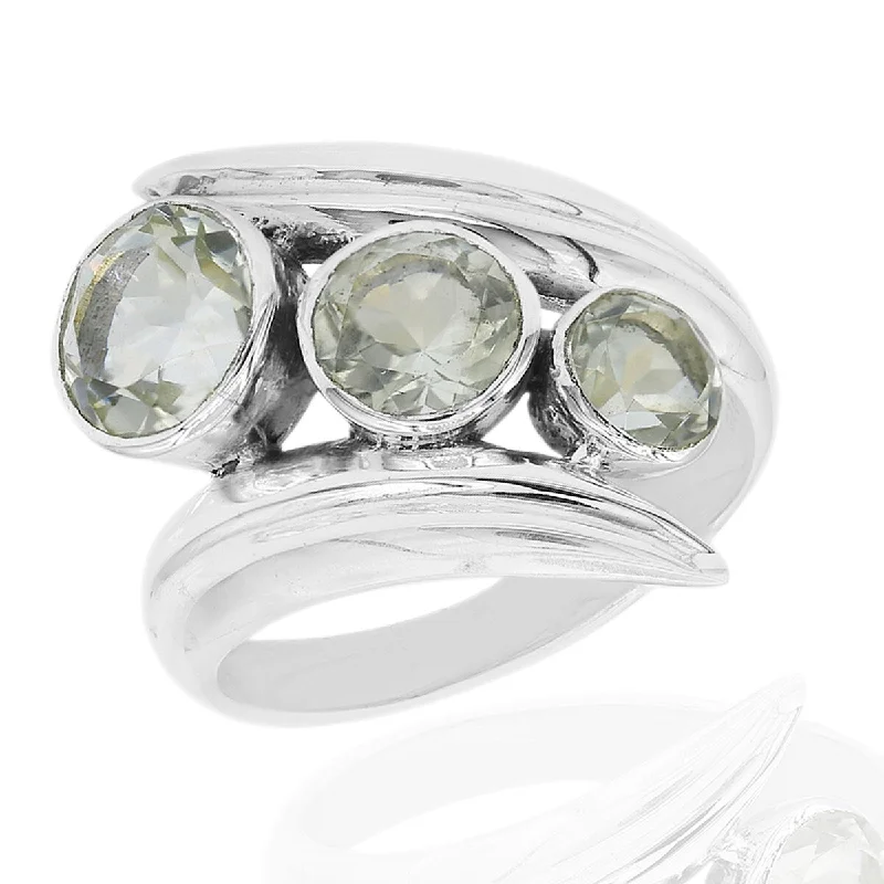 Cedar nut ring-925 Sterling Silver Green Amethyst 3-Stone Ring